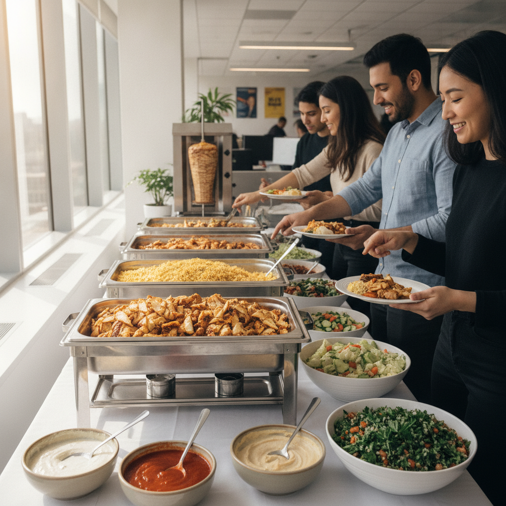 Toronto office lunch scene with authentic shawarma catering trays, salads, sauces, and guests serving themselves