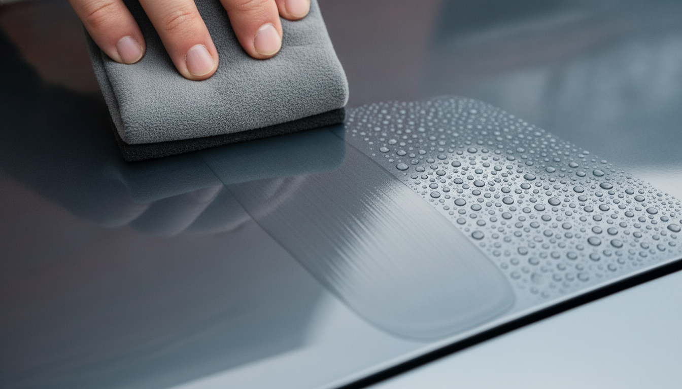 Ceramic coating leveled on a dark hood with applicator block and tight water beading, illustrating hydrophobic protection and gloss for GTA drivers