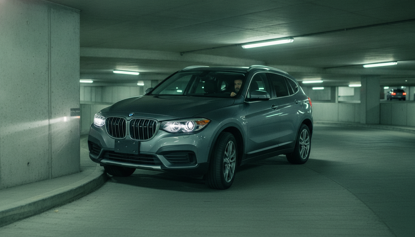 Mississauga underground parking ramp scene showing scuff risk on bumper and rocker panels—areas where PPF is recommended
