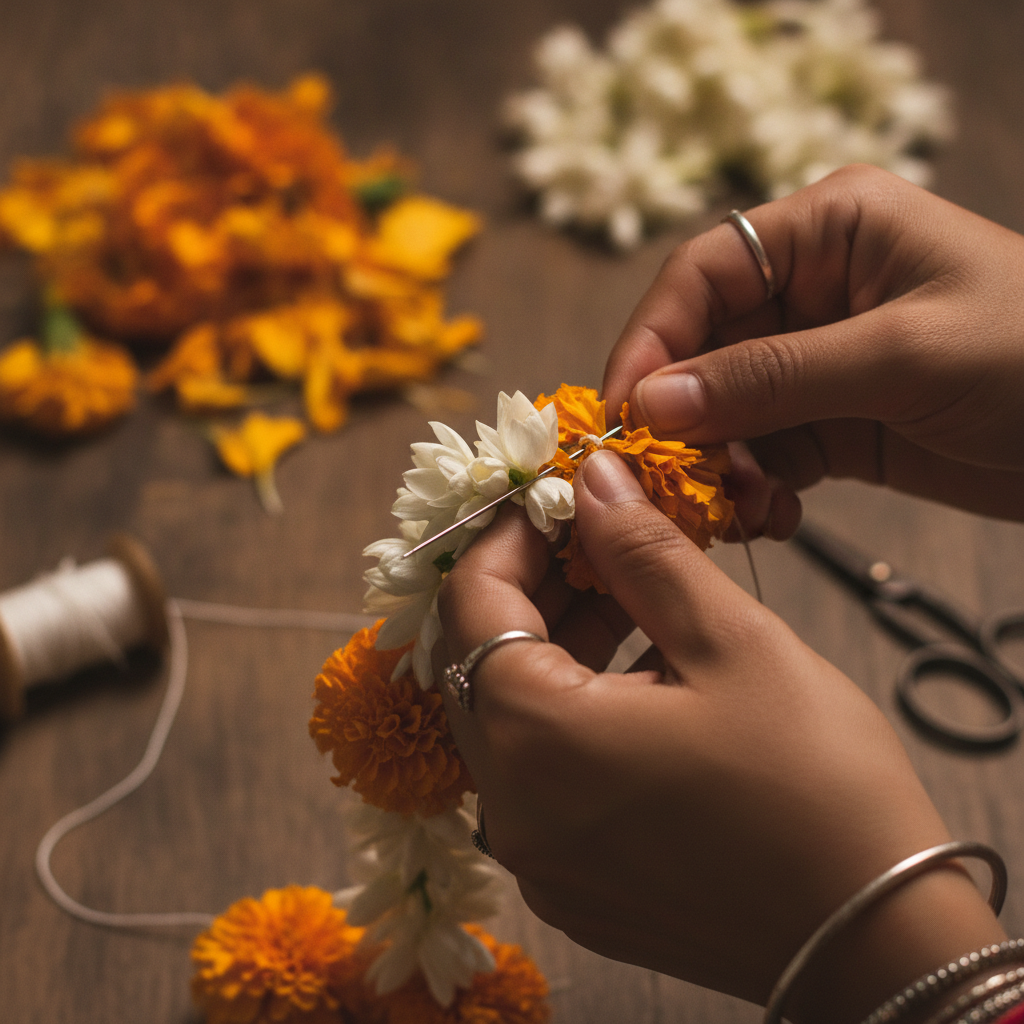 Marigold and jasmine garland making close-up for Gujarati wedding planning in Leicester