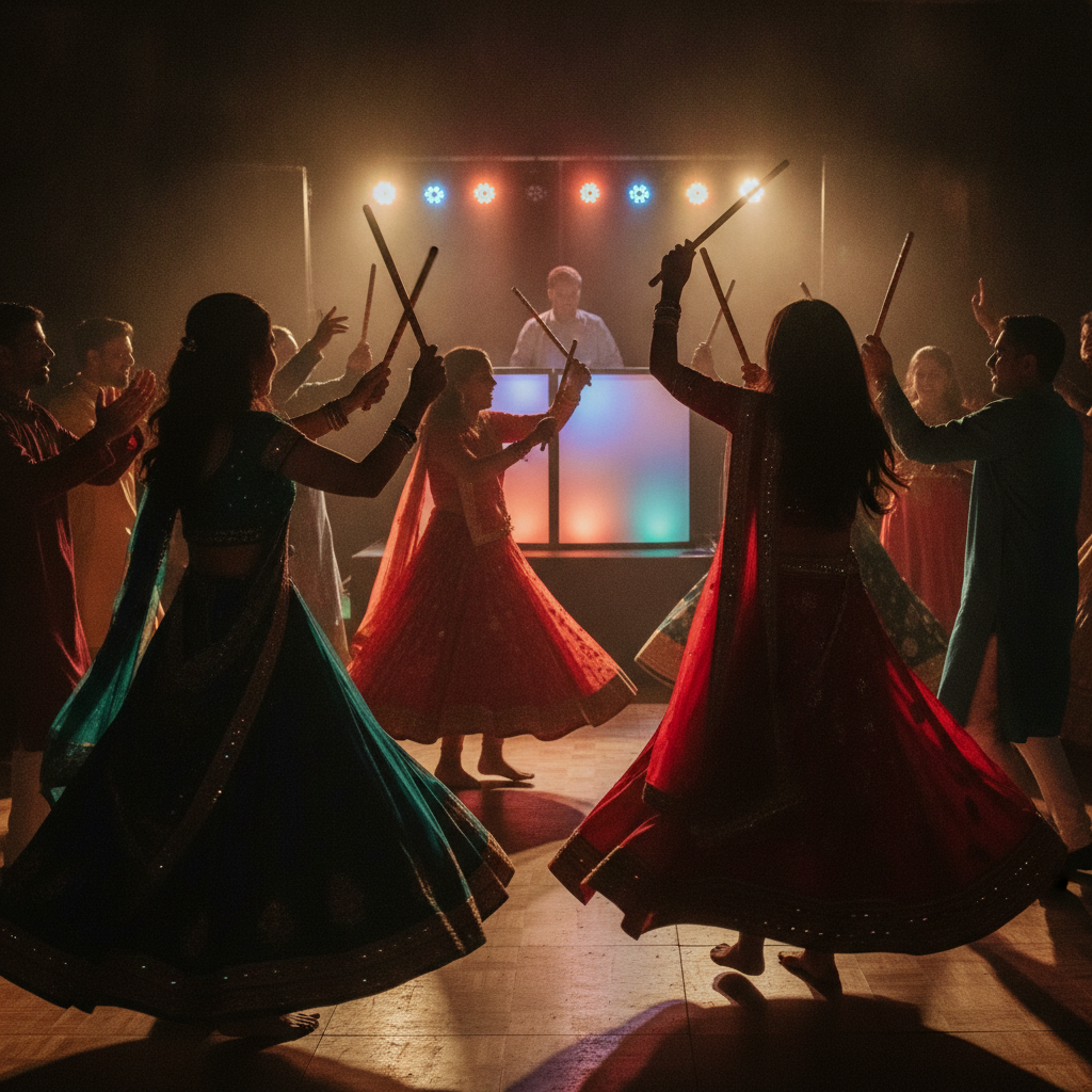 Garba and Sangeet dance floor with dandiya sticks and DJ lighting in Leicester