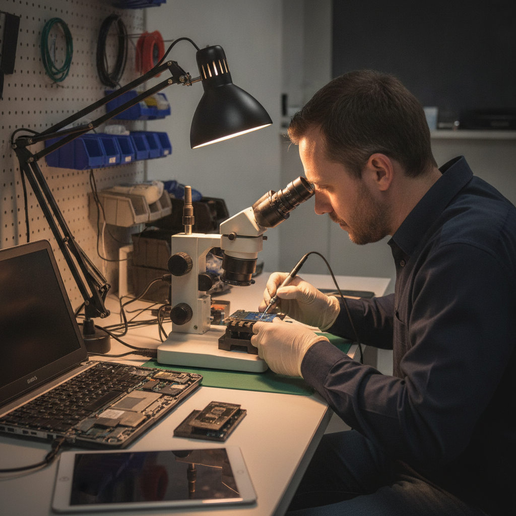 Back workbench micro‑soldering station in Calgary with microscope and organized tools for advanced same-day fixes