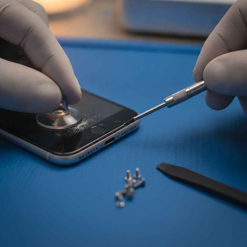 Close-up iPhone screen replacement on ESD mat at a Calgary shop, showing precise same-day phone repair workflow