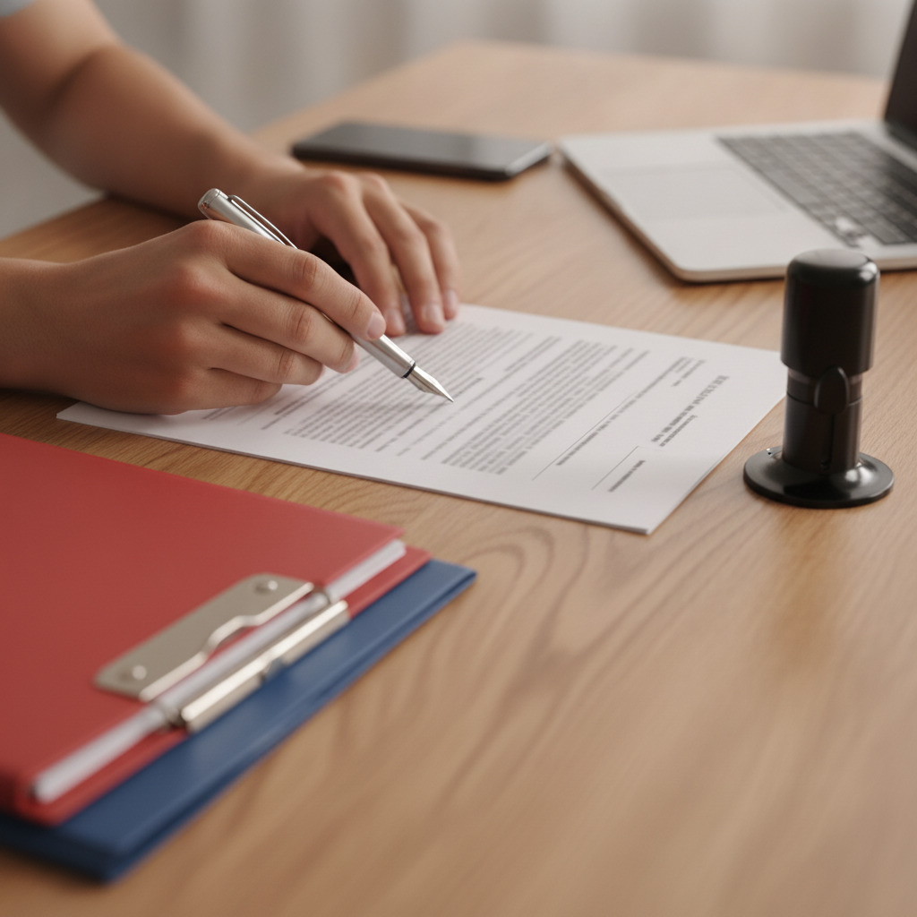 Close-up of incorporation paperwork comparing federal vs. provincial incorporation options in Canada, folders and company seal on desk