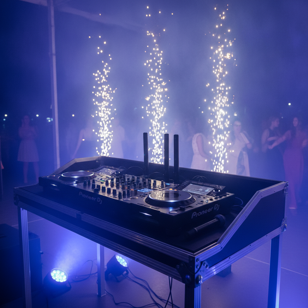 Modern DJ booth with wireless microphones, uplighting, and cold spark fountains for an Oakville multicultural wedding