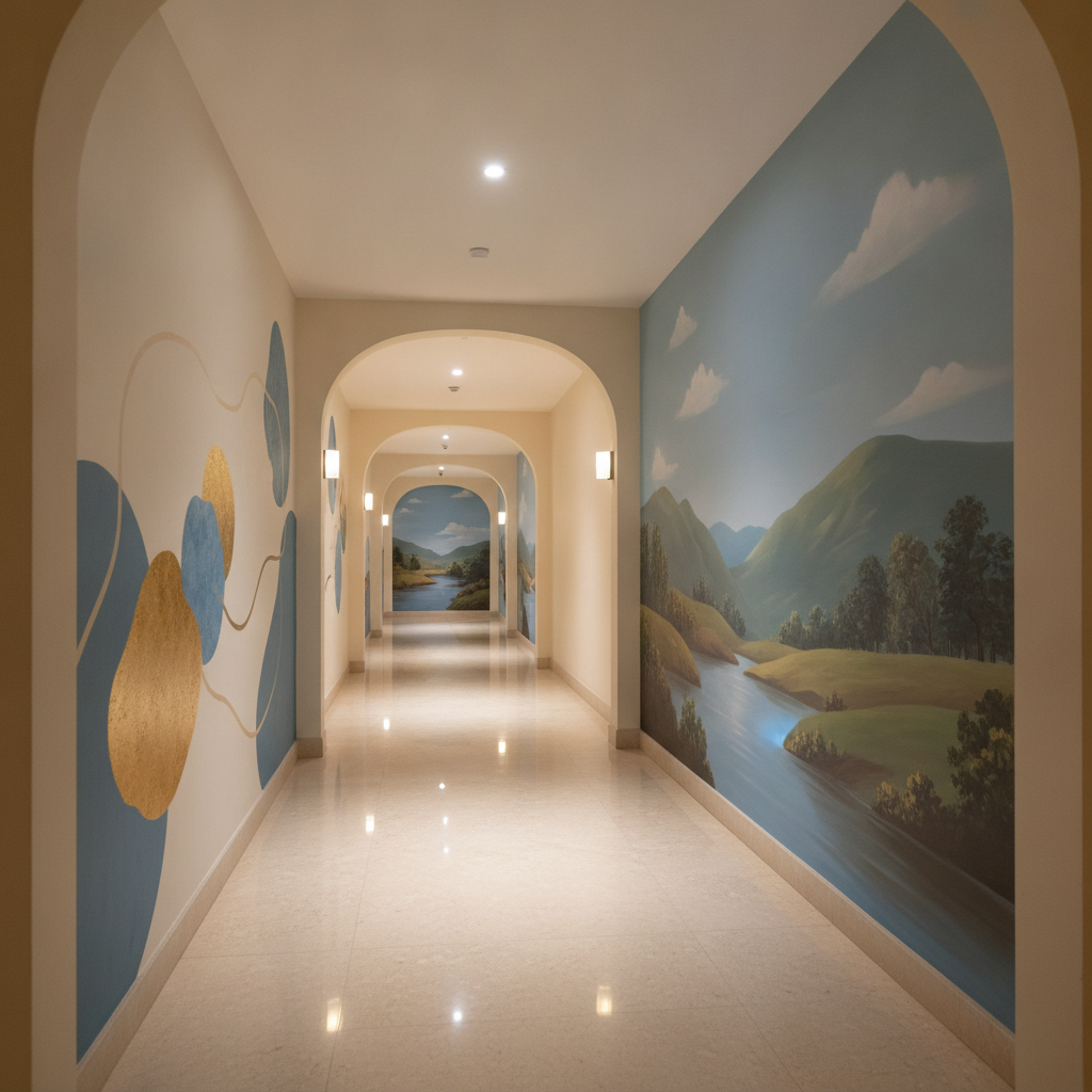 Hotel corridor with integrated wayfinding graphics and a seamless mural anchoring the view