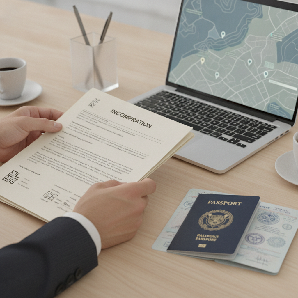 Close-up of incorporation documents and passport prepared for Toronto US LLC formation help, sequenced with Canadian compliance