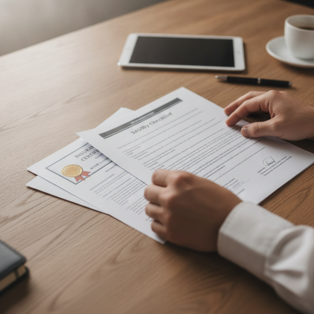 Close-up of a compliant vendor pack for a Toronto public contract: insurance certificate, WSIB clearance, and safety checklist prepared for submission
