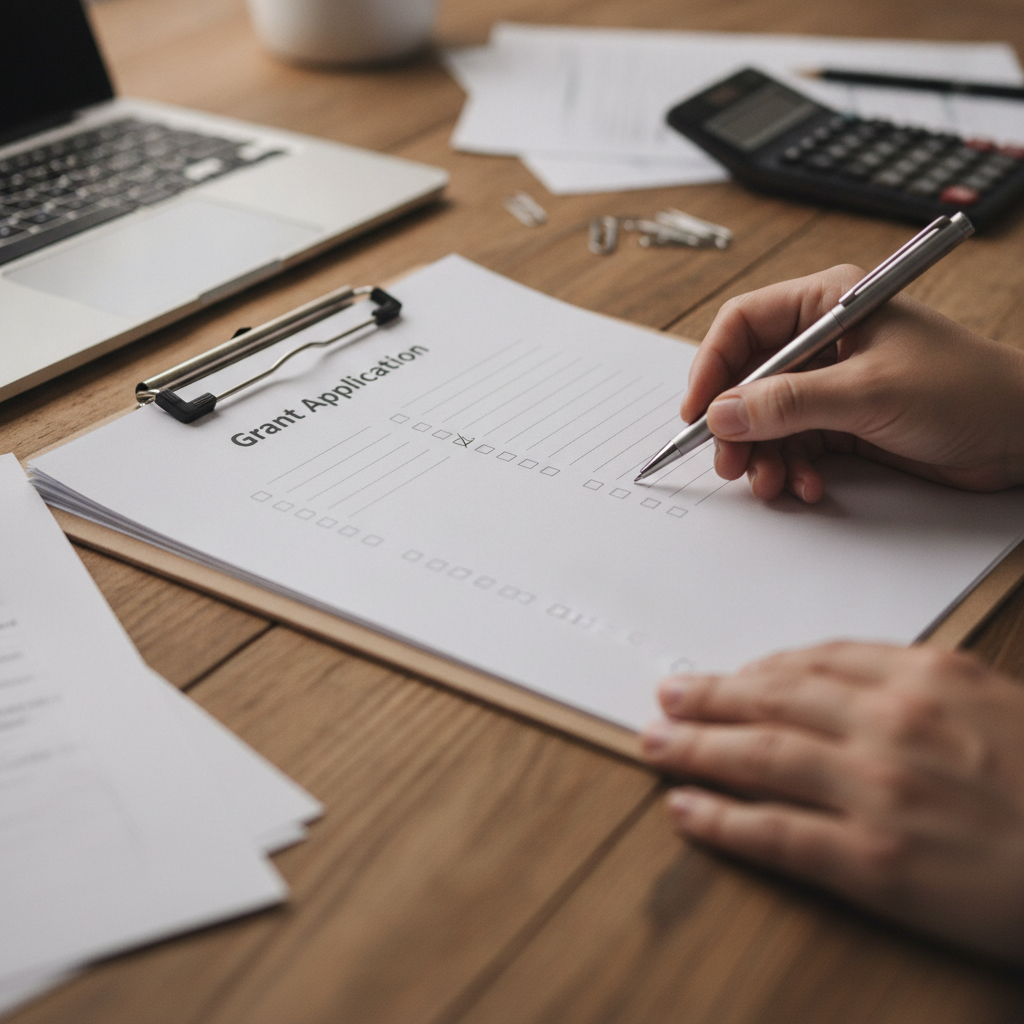 Close-up of grant matching for small businesses: hands reviewing a small business grant application packet in Scarborough