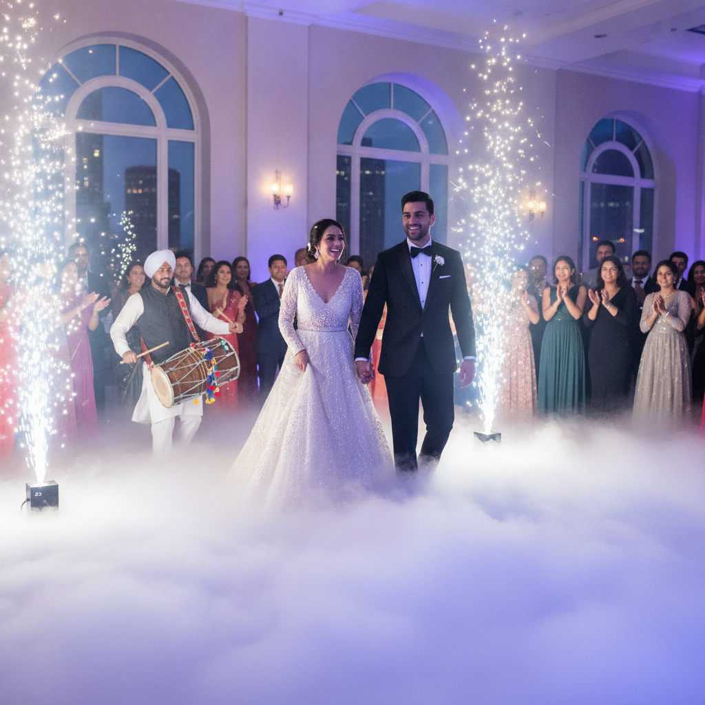 Grand entrance with dry ice clouds and cold spark fountains perfectly timed with dhol and DJ cues in Oakville