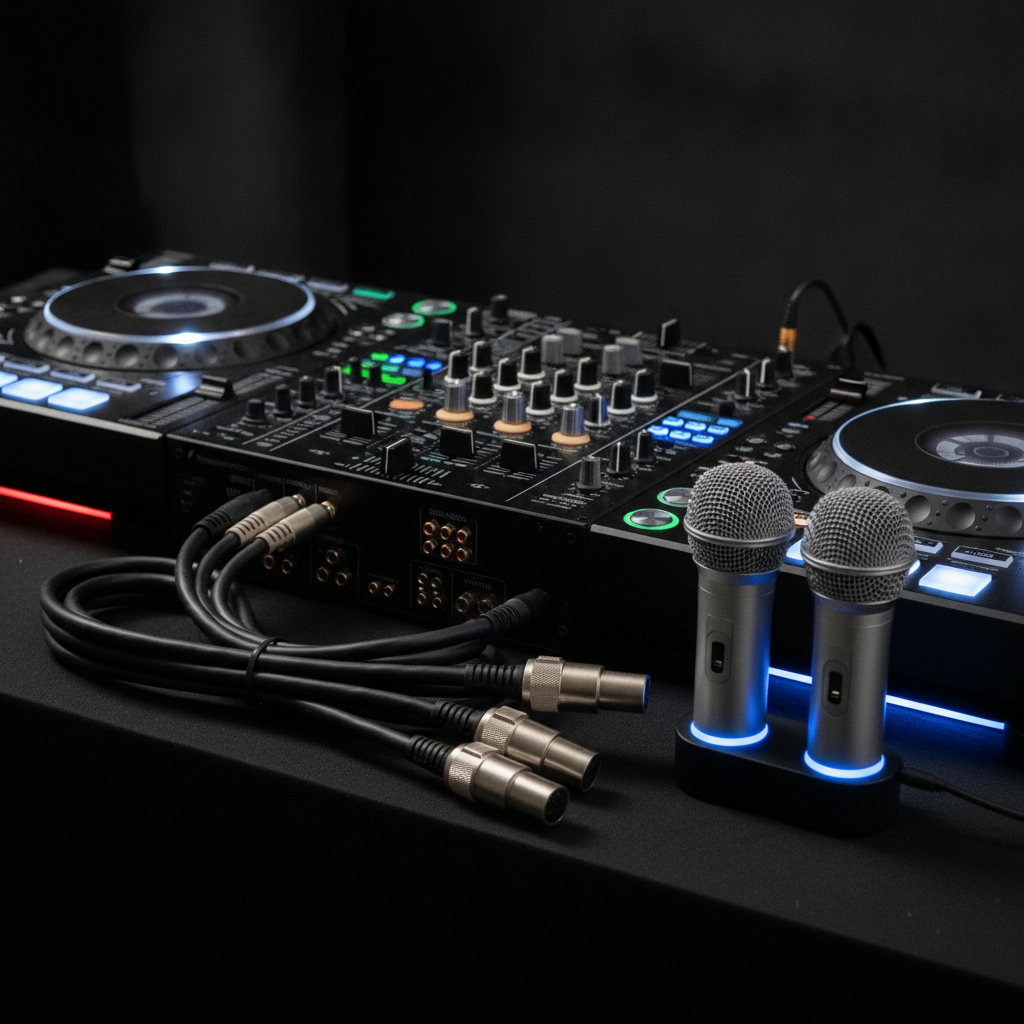 Detail of DJ console, wireless microphones, and neat cabling for an Oakville wedding reception setup checklist