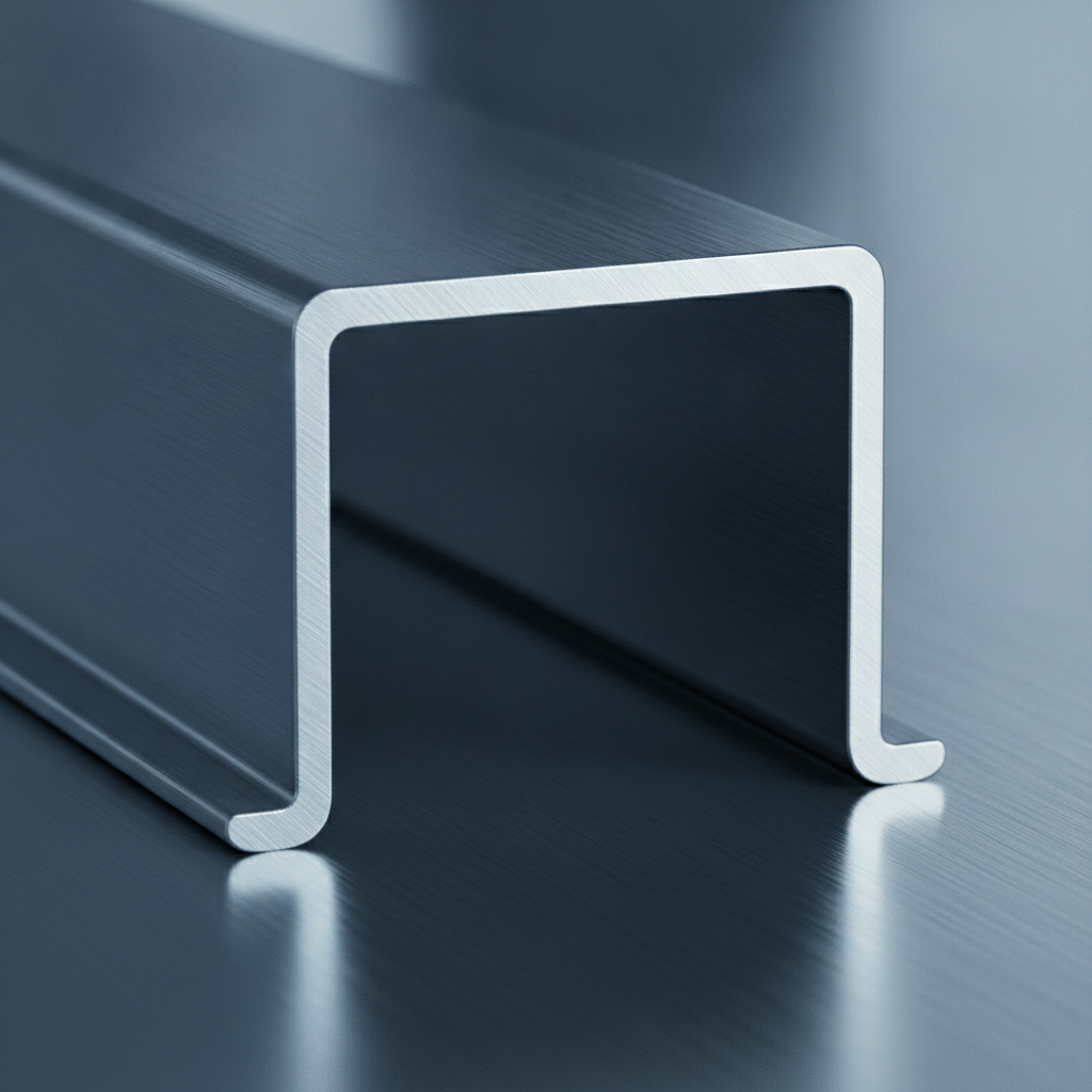 Close-up of a C-shaped steel stud cross-section showing web and flanges for metal stud widths selection