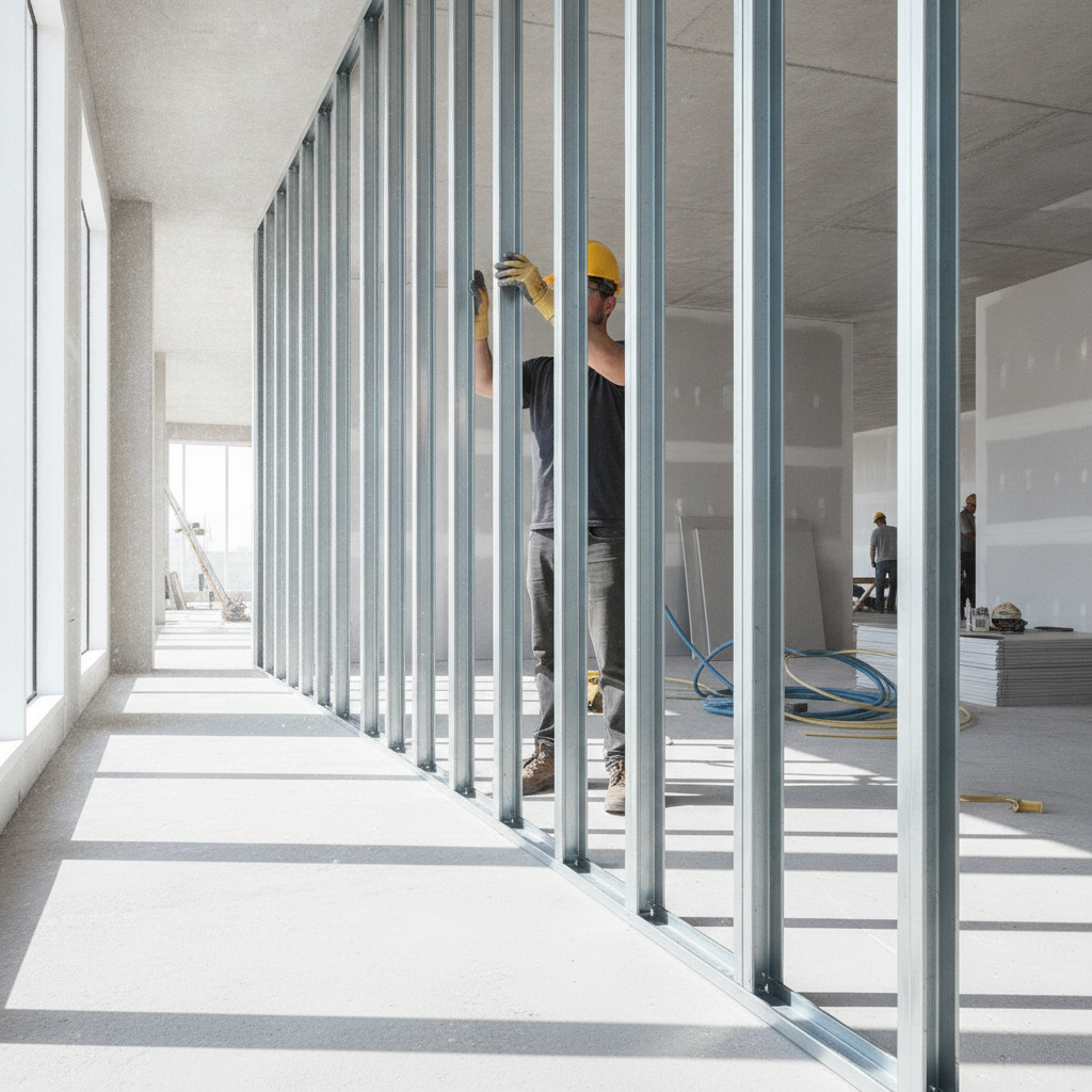 Commercial jobsite with steel stud framing and matching track installed to correct stud width