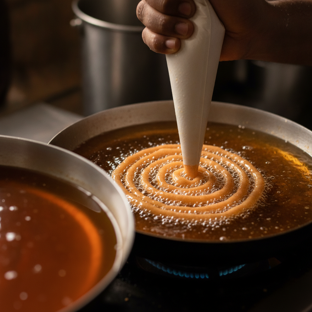 Close-up of Indian jalebi batter piped into hot oil, showing concentric spirals crisping for authentic jalebi in Brampton