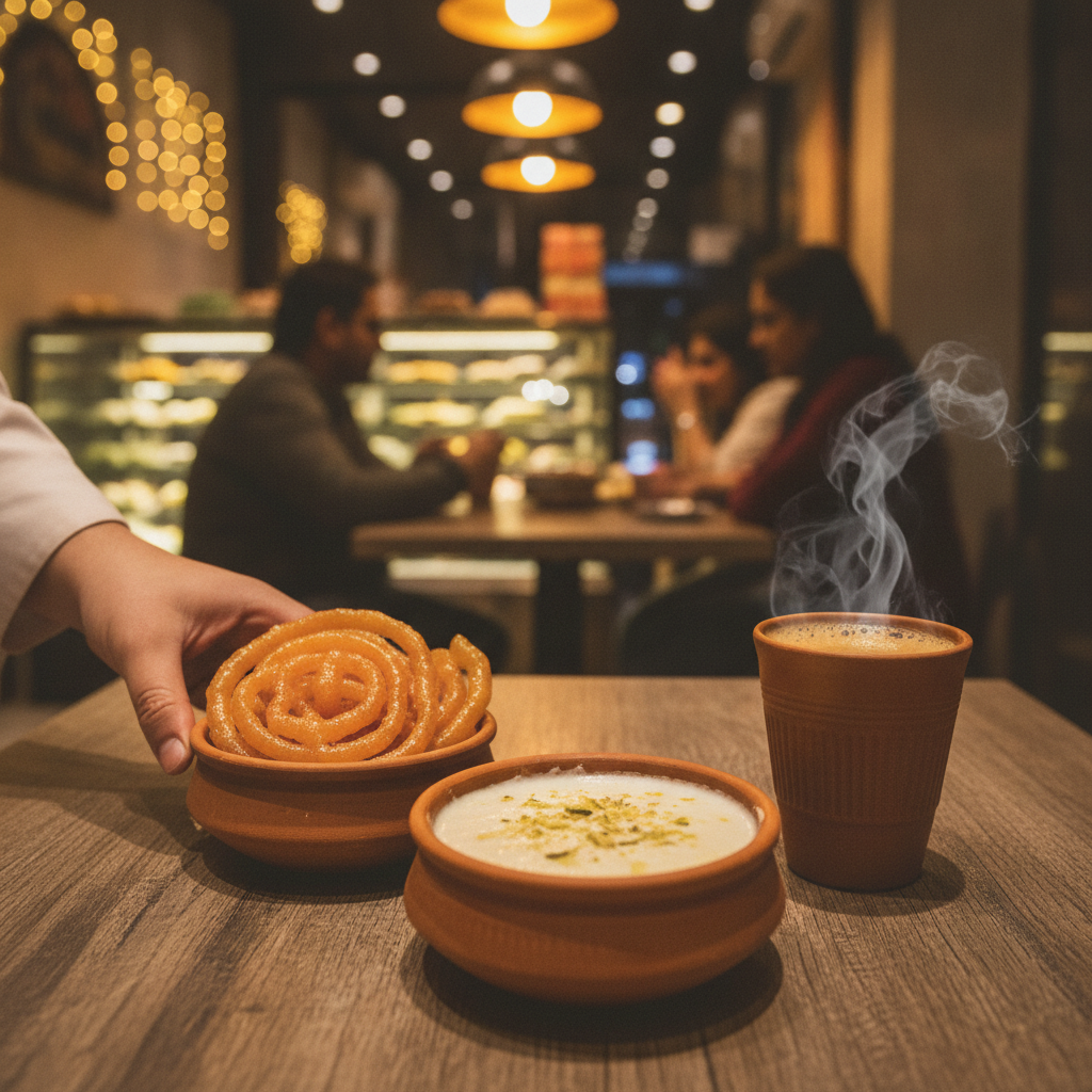 Hot Indian jalebi served with chilled rabri and masala chai on a wooden table in a Brampton mithai shop