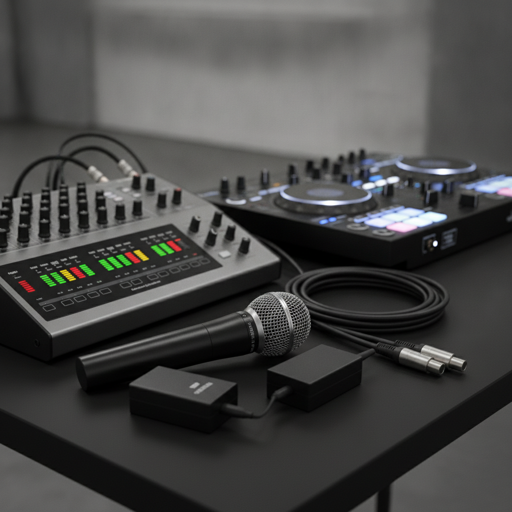 Detail of wireless mics, mixer, and DJ controller—Oakville wedding sound checklist essentials