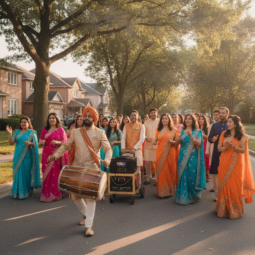 Outdoor Baraat in Oakville with dhol drummer and portable speaker—sound and logistics planned