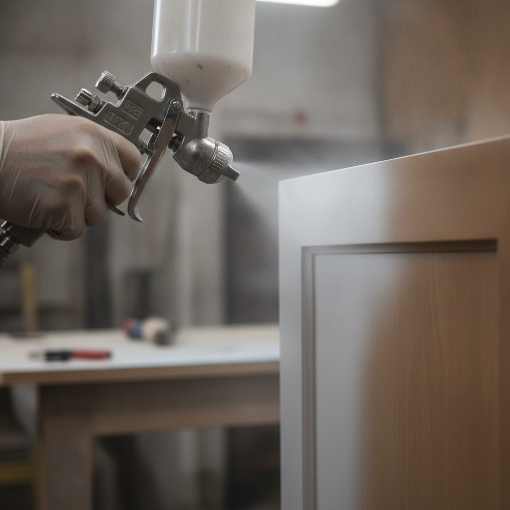Close-up HVLP cabinet spray painting in a Toronto kitchen, smooth satin finish on a door panel