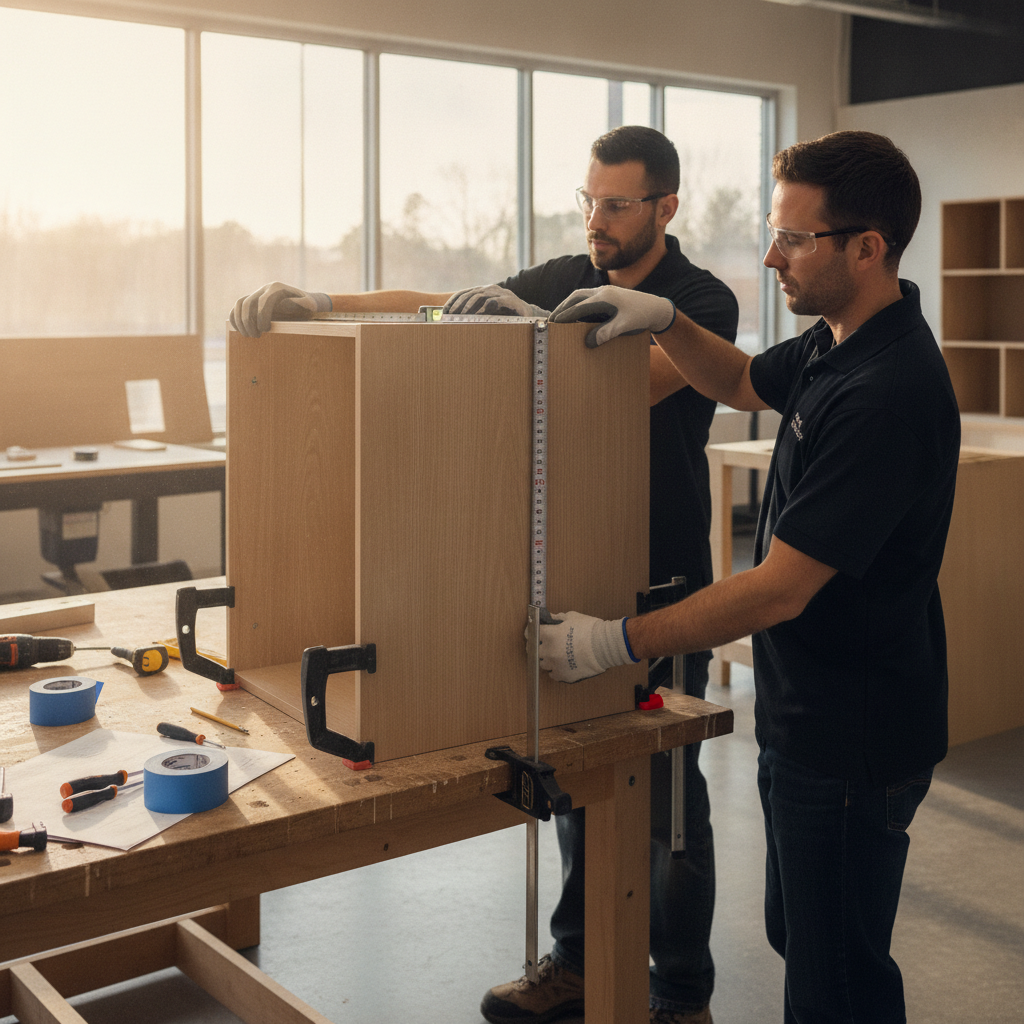 Kitchen Remodel Contractor: Cut Costs with Smart Plans 2 Installers measuring cabinets in a Brampton showroom workshop—kitchen remodel process