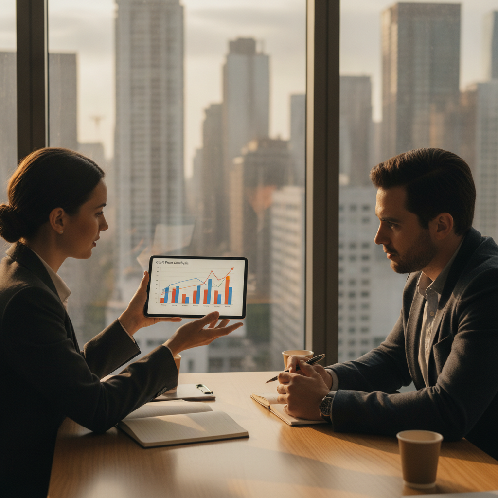 Advisor presenting a cash flow chart during bookkeeping setup for a Parramatta small business