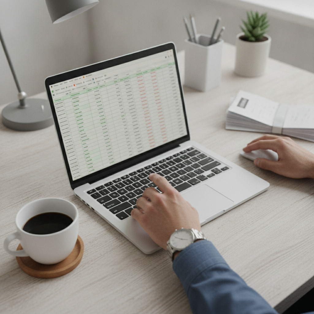 Close-up of bank reconciliation for business bookkeeping using cloud software, with receipts and a coffee nearby