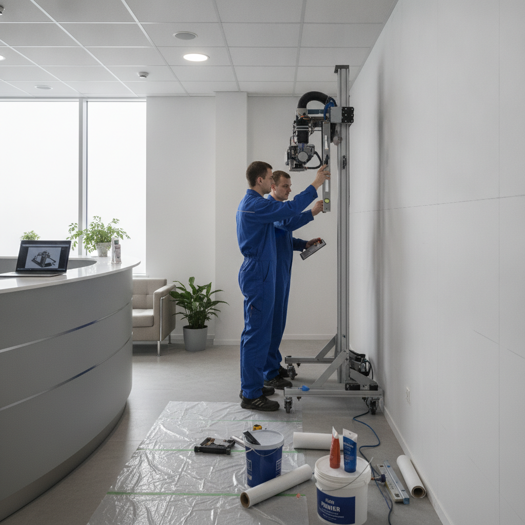 On-site UV wall printing in a Brampton office reception with technicians aligning the printer after surface preparation