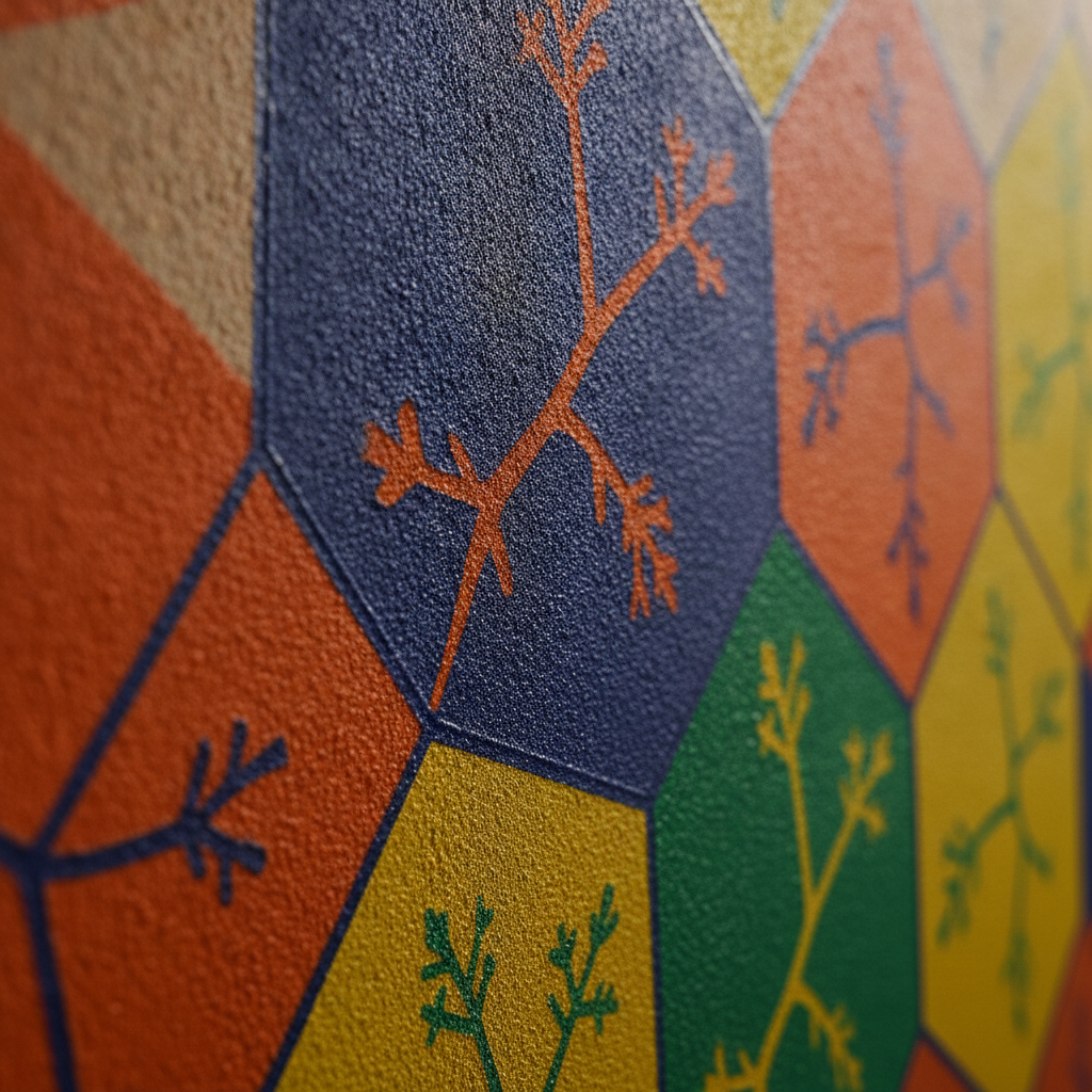 Close-up of UV wall printing showing crisp edges and saturated brand colors on a textured interior wall in Brampton