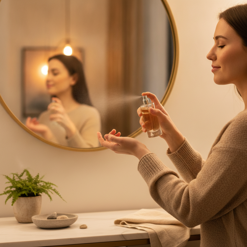 Lifestyle scene applying a unisex eau de toilette to the wrist near a mirror, illustrating proper pulse-point placement