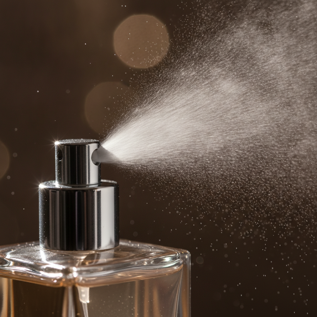 Macro atomizer mist showing how a unisex eau de toilette diffuses with a lighter, balanced projection