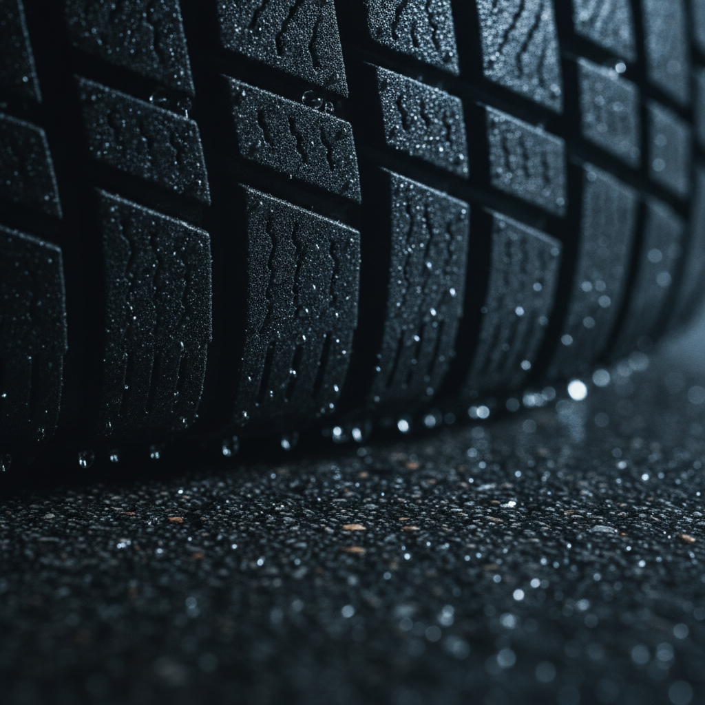 Close-up of winter tire tread on wet asphalt, relevant to auto insurance Ontario safety and winter tire discounts