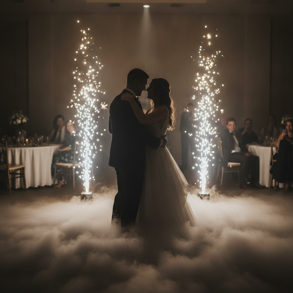 Cold spark fountains and low-lying dry ice accent a first dance as part of an Oakville luxury wedding production package