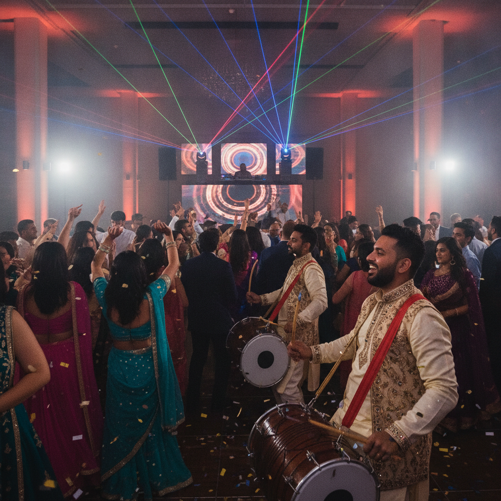 Packed Oakville wedding dance floor with lasers, uplighting, DJ booth, and live dhol duo as part of a full-production package