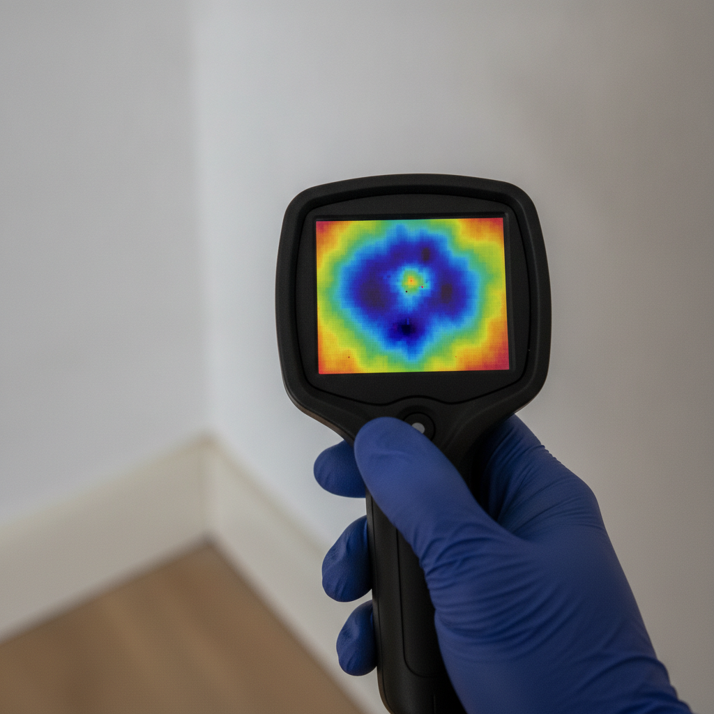 Thermal imaging close-up during mold detection service identifying a cold moisture spot behind drywall