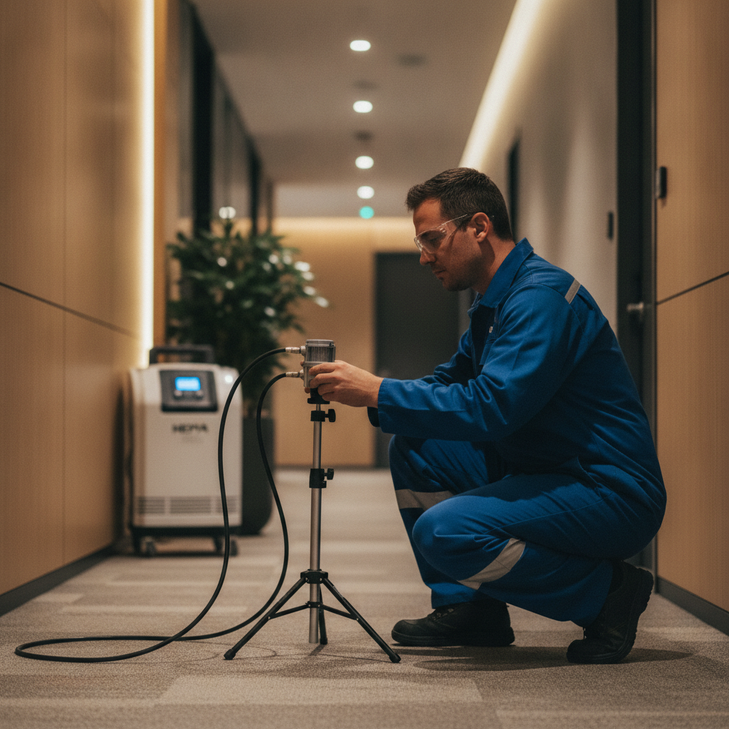 Technician setting up air sampling pump for indoor air quality testing in a commercial hallway during mold detection service