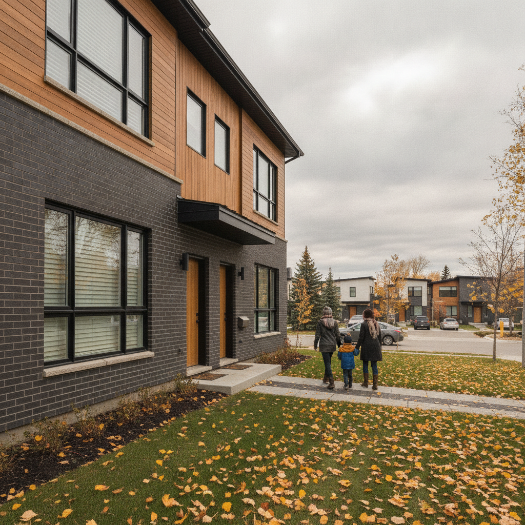 Modern Edmonton duplex exterior, showing a property type that often changes monthly carrying costs and search strategy
