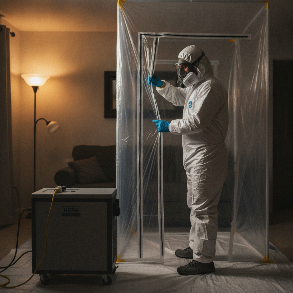 Professional technician setting up containment and a HEPA air scrubber for wall mold remediation in a Scarborough home