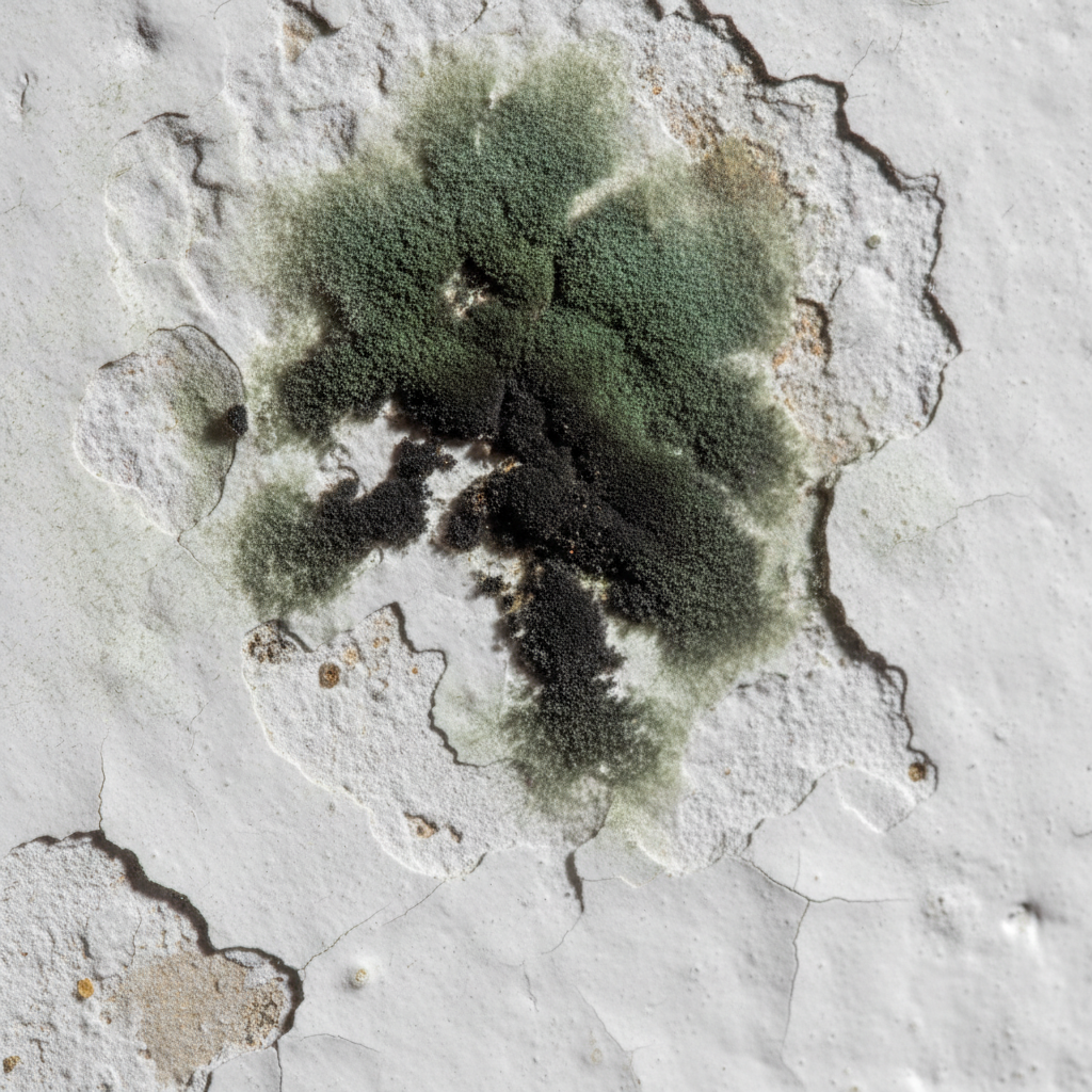 Close-up detail of mold on walls: black and green colonies on painted drywall, showing surface spotting versus deeper issues