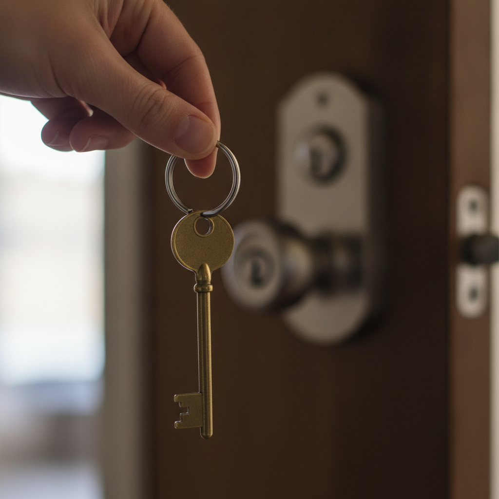Close-up of keys at a door symbolizing secure rental search for apartments and houses for rent in Canada