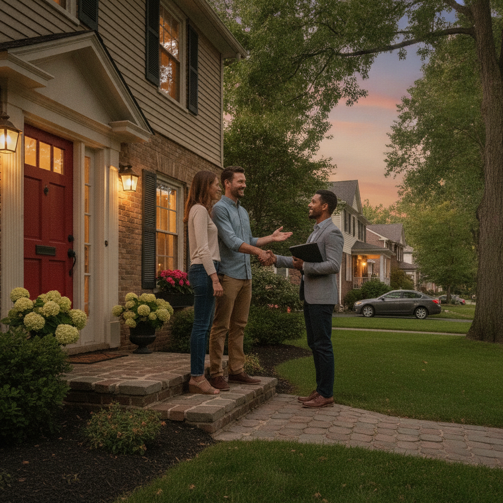 Home showing in Canada: couple greeting a prospective buyer at the front door during a scheduled viewing