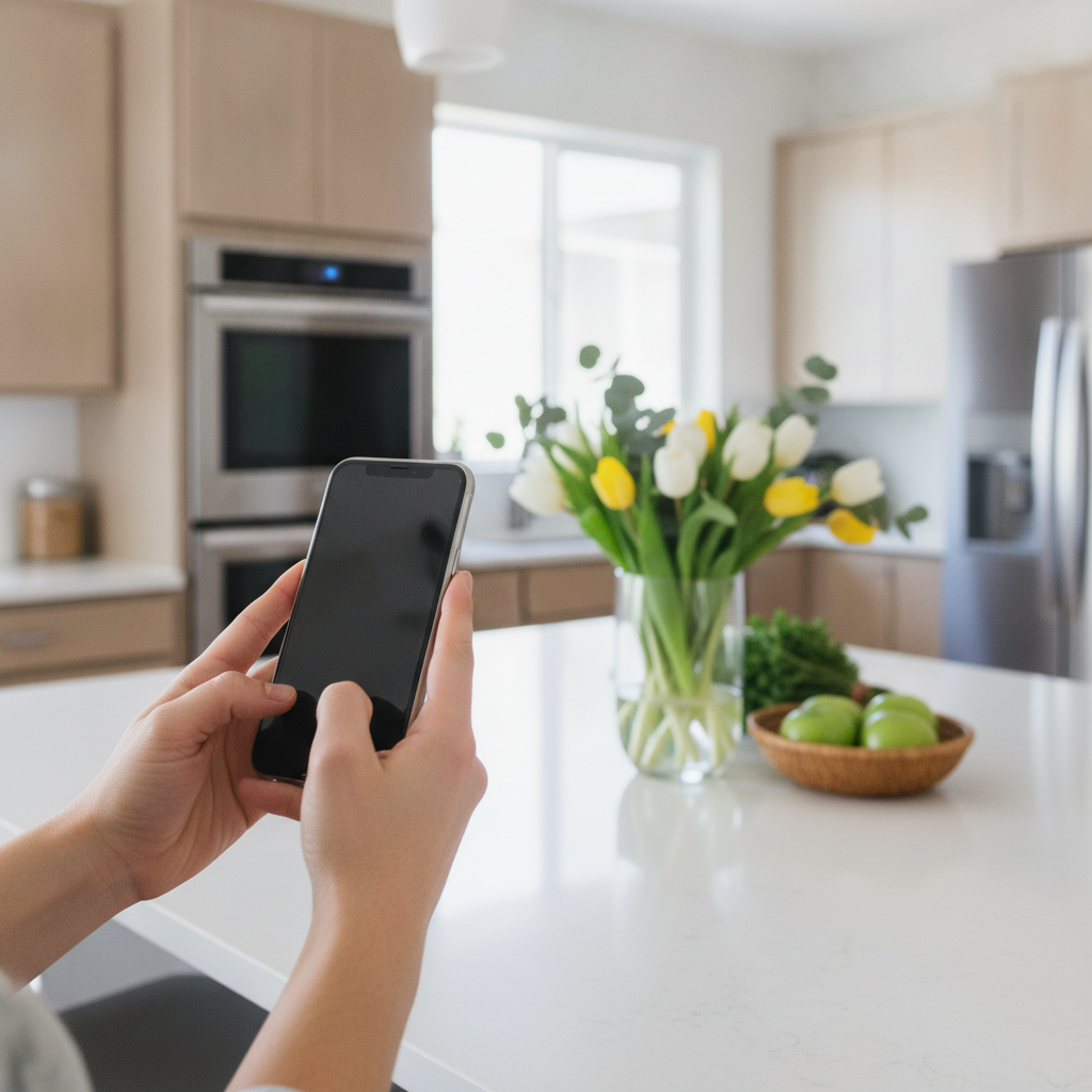 Close-up of taking high-quality listing photos of a staged kitchen island for a house listing in Canada