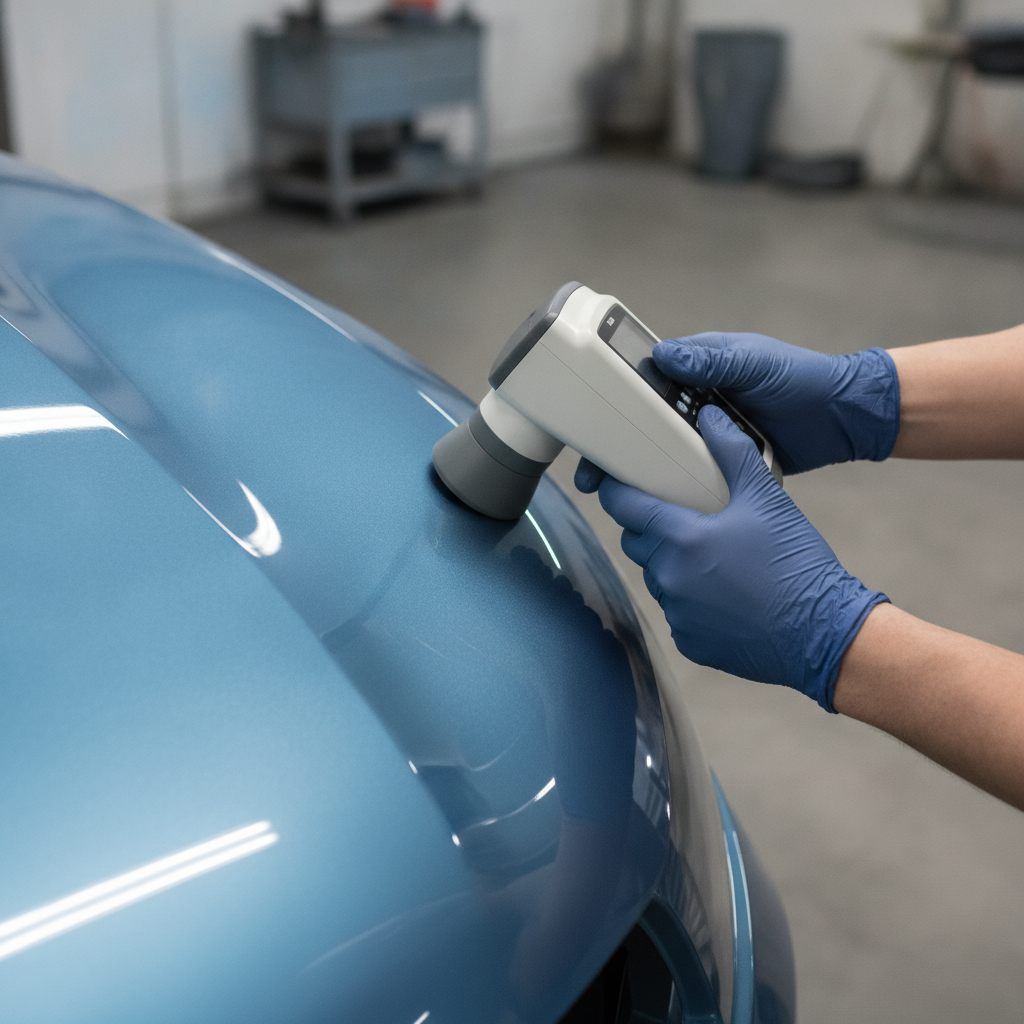 Paint matching in Burnaby: spectrophotometer scan and spray-out card on a metallic blue fender for collision repair