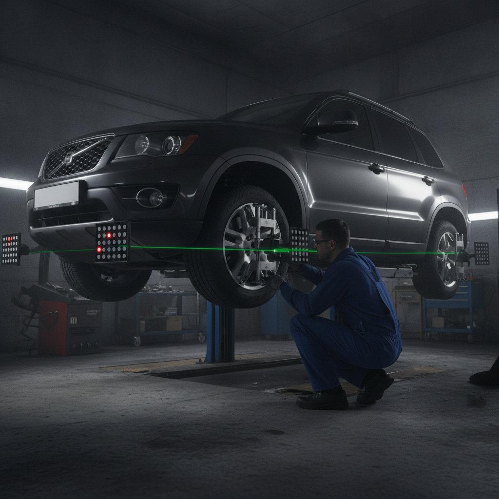 Wheel alignment being performed after collision repair to confirm straight tracking and even tire wear