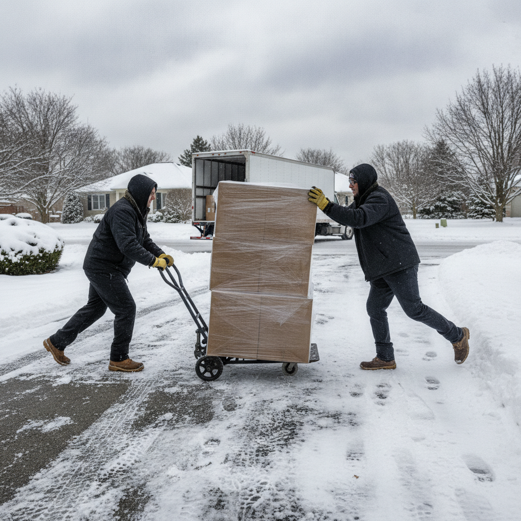 Ottawa winter move with movers using a dolly on a cleared snowy driveway, showing seasonal access planning and floor protection
