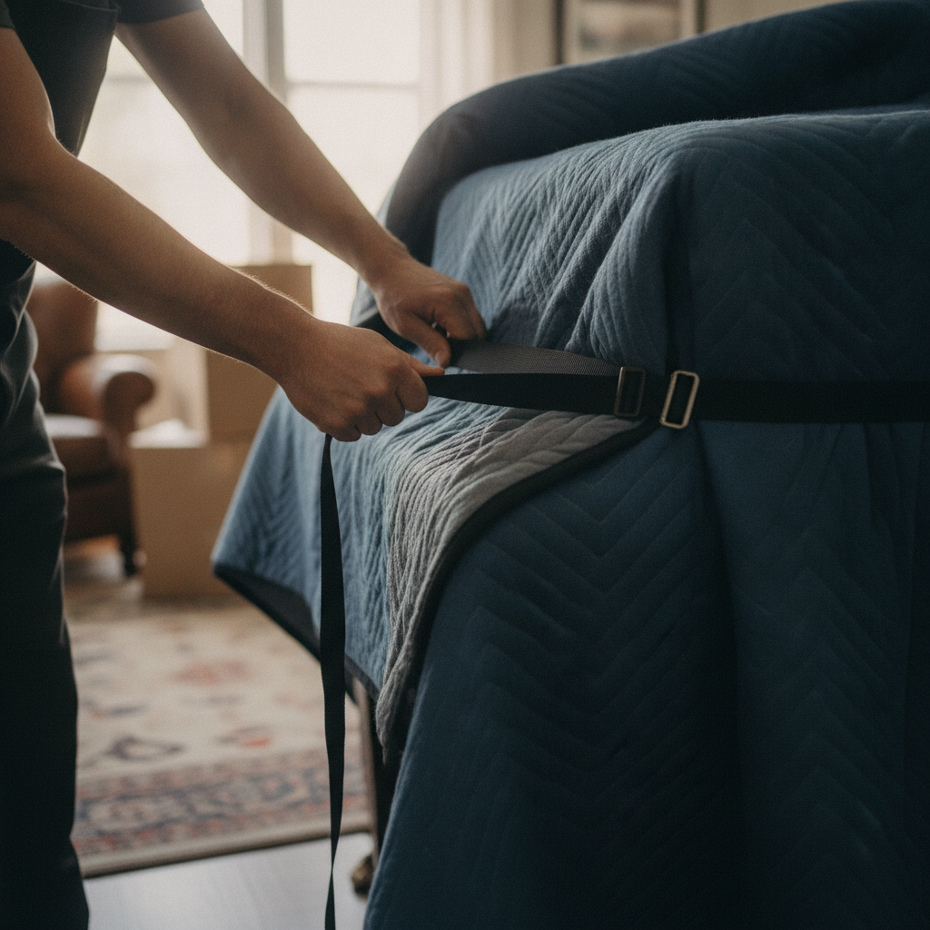 Ottawa mover wrapping a piano with padded blankets, straps, and a piano board for safe specialty moving