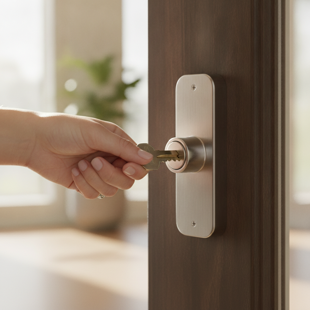 Secure rental agreement handoff symbolized by a key turning in a modern door lock in Canada