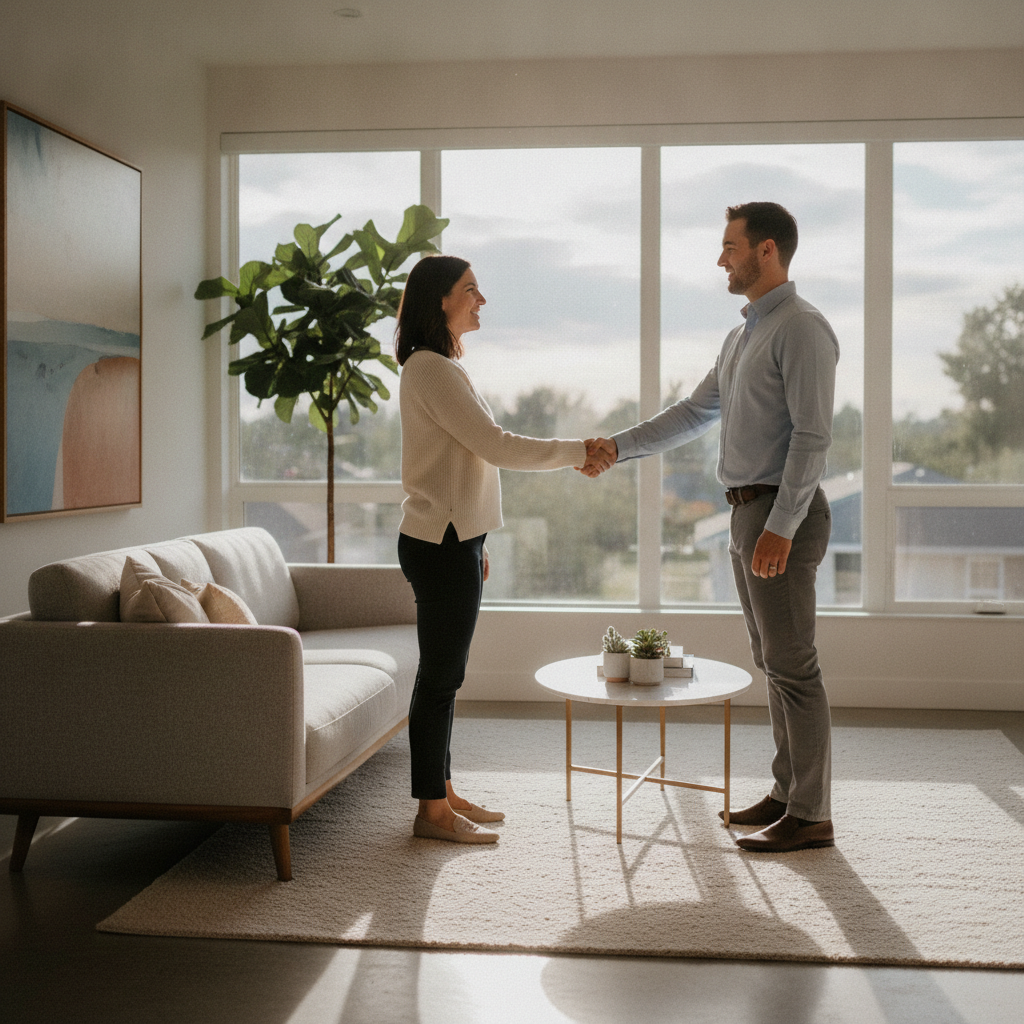 Friendly home viewing handshake in a bright living room after scheduling through Houseup