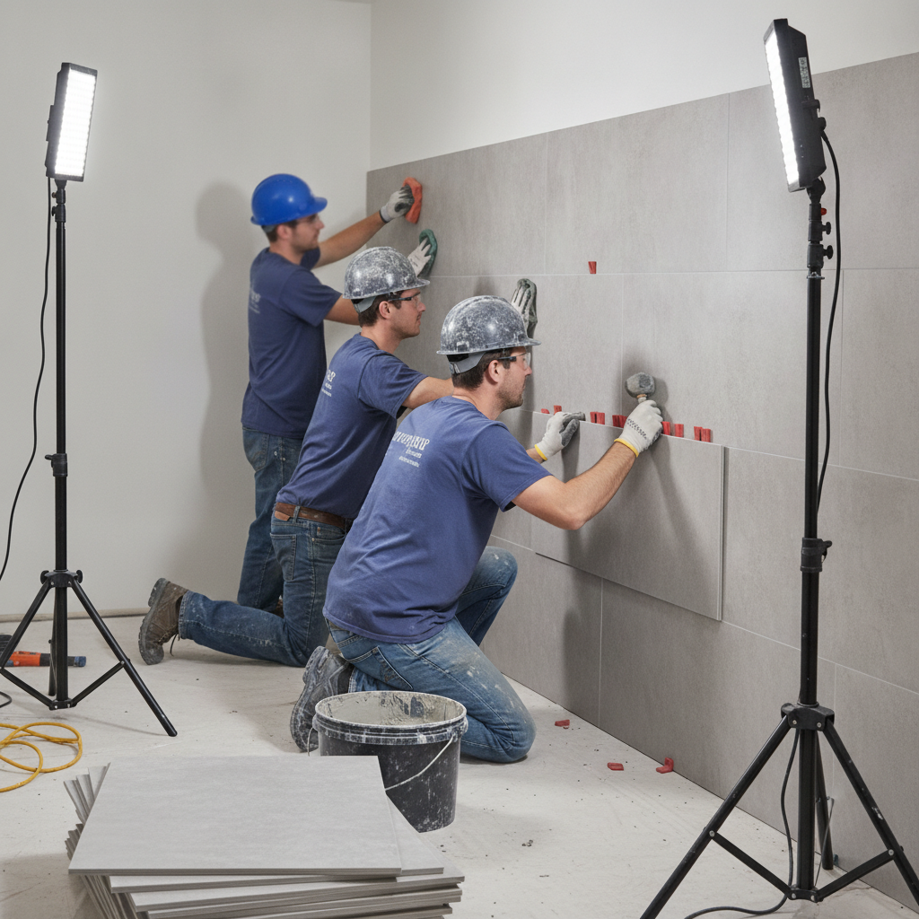 Contractors installing standardized large-format porcelain tile in an apartment bathroom using leveling spacers for clean grout lines