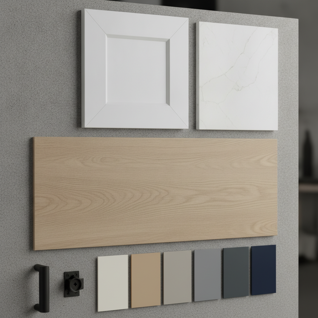 Materials board for standardized finishes in apartment units featuring LVP flooring, shaker cabinet door, quartz-look countertop, matte black hardware, and neutral paint chips
