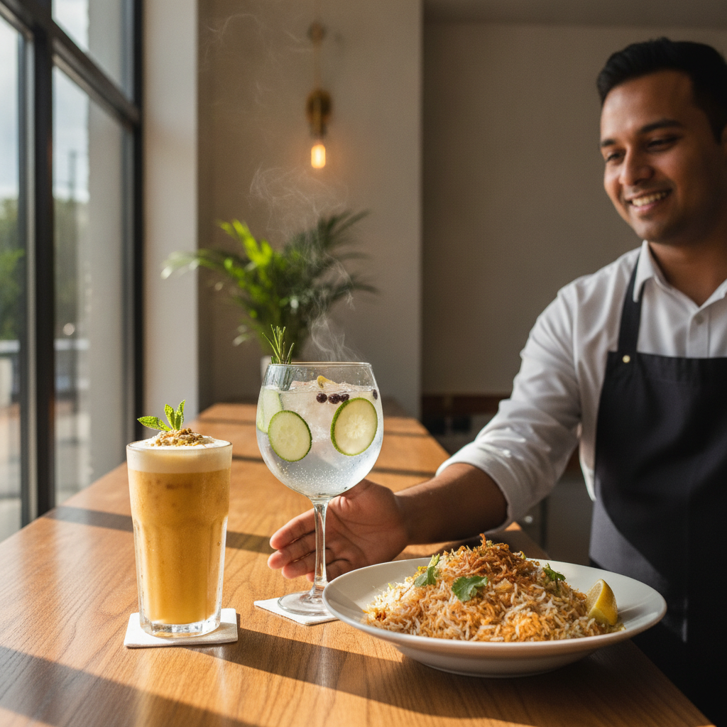 Bartender presenting a mango-lassi-style mocktail and a classic gin and tonic next to biryani at an Indian bar and grill in Hamilton