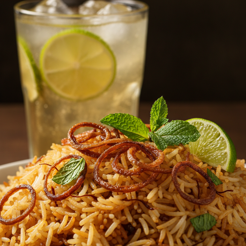 Close-up of saffron biryani with fried onions, mint, and lime beside a ginger-lime highball for cocktail pairing ideas for biryani